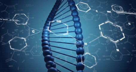 Poster - Image of chemical formula and dna strand on blue background