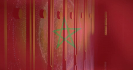 Poster - Image of flag of french morocco and digital data processing over computer servers