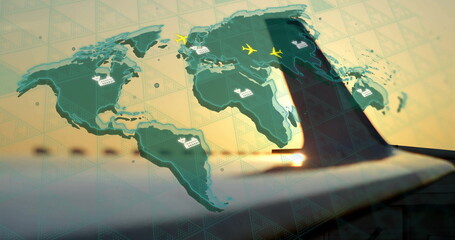 Poster - Image of world map with plane icons and digital data processing over airplane