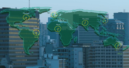 Poster - image of world map and digital data processing over cityscape