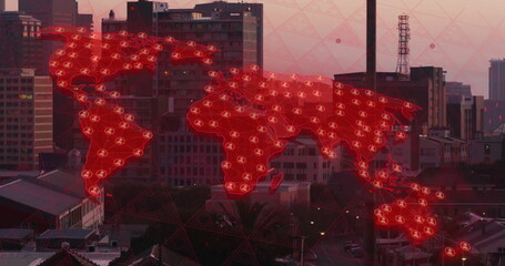 Poster - image of world map and digital data processing over cityscape