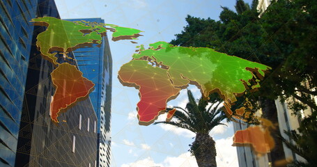 Poster - Image of connections and world map over cityscape