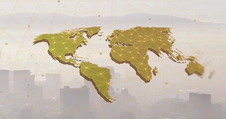 Poster - image of world map and digital data processing over cityscape