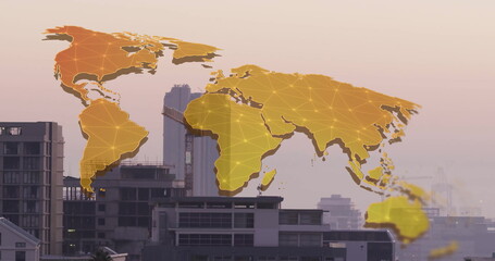 Poster - image of world map and digital data processing over cityscape