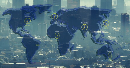 Poster - image of world map and cities of world over cityscape