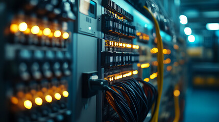 Poster - Industrial electrical panel with organized wires and glowing lights