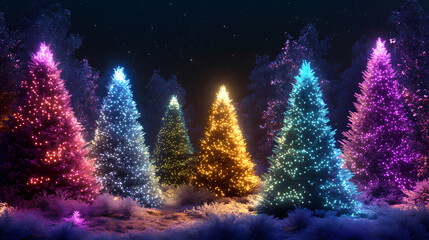 Canvas Print - Colorful illuminated forest with glowing christmas trees. ai generated image. Luminous. Illustration