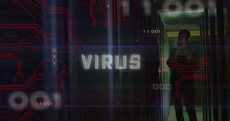Poster - Image of virus text over data processing caucasian female worker in server room