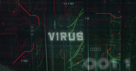 Poster - Image of virus text over data processing and server room