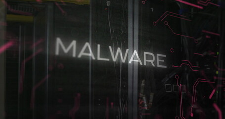 Poster - Image of malware text over data processing and server room