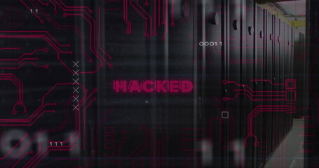 Poster - Image of hacked text over data processing and server room