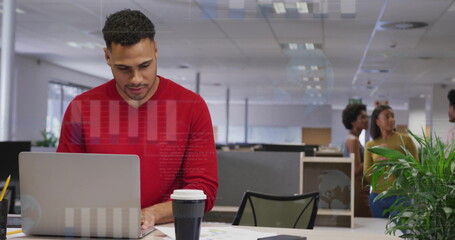 Poster - Image of financial data processing over biracial businessman using laptop in office