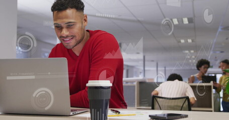 Poster - Image of financial data processing over biracial businessman using laptop in office
