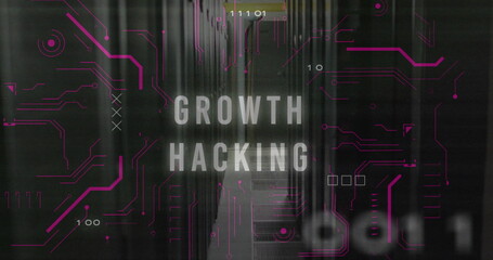  - Image of growth hacking text over data processing and server room