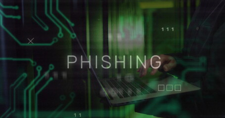Poster - Image of phishing text over data processing and caucasian male worker in server room