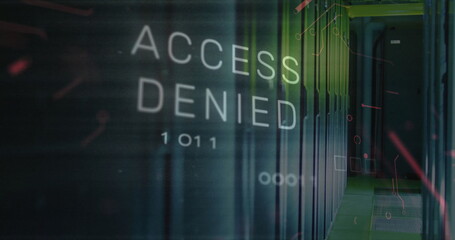 Poster - Image of access denied text over data processing and server room