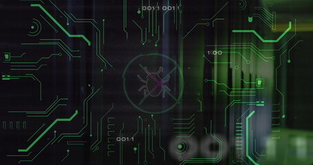 Poster - Image of bug icon over data processing and server room