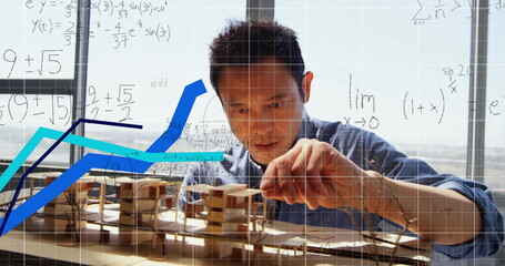 Poster - Image of mathematical equations and financial data processing over asian male architect