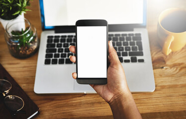 Poster - Mockup, phone screen and hands of business worker in office for website, social media and internet chat. Laptop, space and above of person typing on smartphone for research, online contact and email