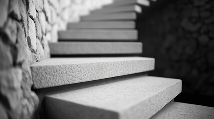 Poster - staircase leading up with textured stone walls illuminated by soft light