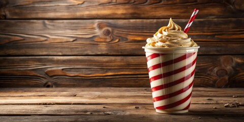 Poster - A Classic Creamy Milkshake in a Red and White Striped Cup on a Rustic Wooden Table