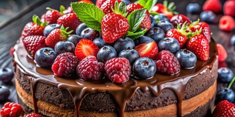 Fototapete - A close-up view of a chocolate cake topped with a medley of fresh berries, showcasing the rich, decadent chocolate and vibrant colors of the fruit, a delightful treat for the eyes and taste buds.
