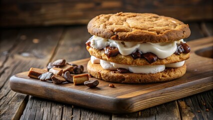 Poster - A delectable layered cookie sandwich with chocolate and creamy filling, resting on a rustic wooden board