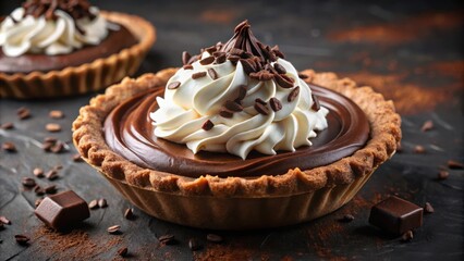 Poster - A close-up view of a chocolate tart topped with whipped cream and chocolate shavings.  The tart is on a dark brown surface and there are chocolate shavings scattered around it.