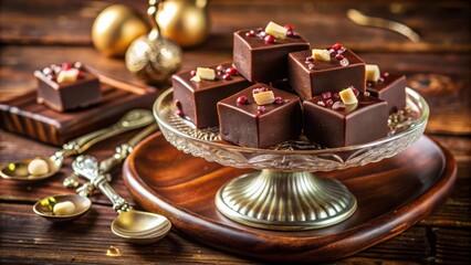 Poster - A Luxurious Chocolate Dessert Displayed on a Glass Cake Stand, with a Delicate Touch of Red and White Confetti