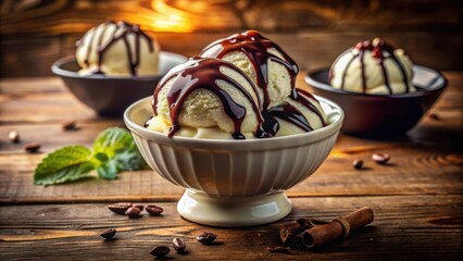 Poster - Gourmet Vanilla Ice Cream Drenched in Rich Chocolate Sauce, Served in a Classic White Bowl with Cinnamon Sticks on a Rustic Wooden Table