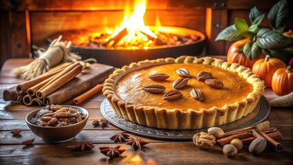 Poster - A rustic autumnal scene with a freshly baked pumpkin pie, surrounded by cinnamon sticks, star anise, and nuts, with a cozy fireplace in the background.