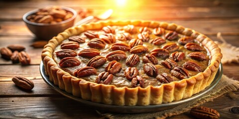 Poster - A golden pecan pie with a flaky crust, glistening with a rich caramel glaze, sits on a rustic wooden table, ready to be enjoyed.