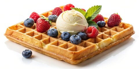 Aufkleber - A Golden Waffle Topped With A Scoop Of Ice Cream, Fresh Strawberries, Raspberries And Blueberries