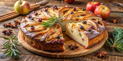 Wall Mural - A Freshly Baked Apple Pie with a Delicate Layer of Powdered Sugar and a Sprinkling of Berries, Resting on a Rustic Wooden Board