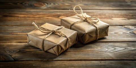 Poster - Two Simple Brown Paper Packages Tied with Twine on a Wooden Table