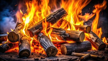 Poster - A bonfire burns with intense heat, flames licking at the surrounding logs, creating a mesmerizing spectacle of light and warmth.