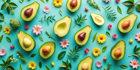 Aufkleber - Avocado Halves and Vibrant Flowers on a Turquoise Background A Still Life of Nature's Bounty