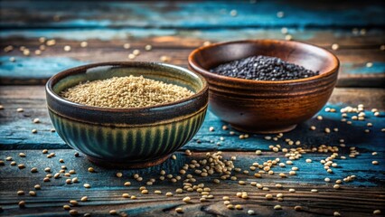 Poster - White and Black Sesame Seeds in Rustic Bowls on a Blue Wooden Table