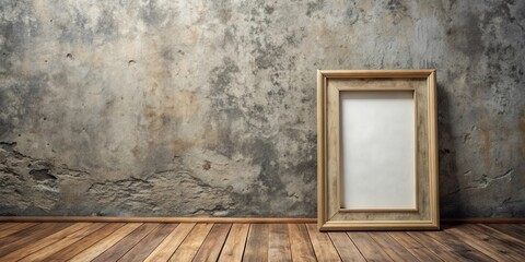 Aufkleber - A weathered wooden frame leans against a rustic, textured wall, offering a blank canvas for creative expression.