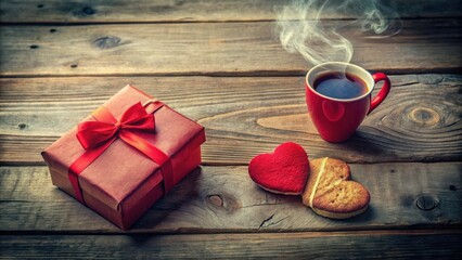 Poster - A romantic setting with a steaming cup of coffee, a gift box tied with a red bow, and heart-shaped cookies on a rustic wooden table.