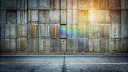 Poster - A weathered concrete wall with a rainbow emanating from a single missing block, casting a warm glow on the empty asphalt road in front of it.