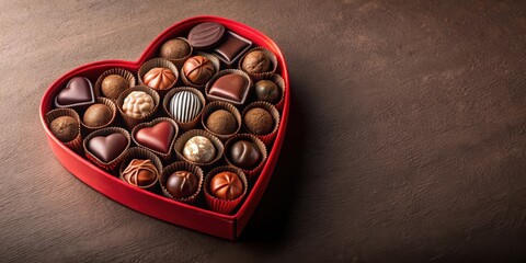Poster - A red heart-shaped box filled with various chocolate candies, a delightful treat for any occasion.