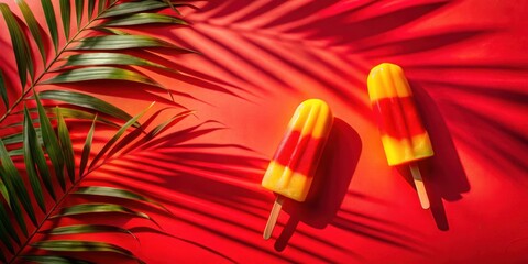 Aufkleber - Tropical Summer Delight Red, Yellow, and Green Popsicles on a Bright Red Background with Palm Leaf Shadow