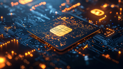 Poster - Closeup of a gold microprocessor chip on a circuit board, showcasing intricate circuitry and illuminated connections. Advanced technology and highperformance computing are implied.