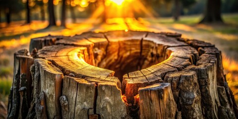 Poster - A close-up of a weathered tree stump with a golden glow from the setting sun, emphasizing the intricate details and natural beauty of the wood