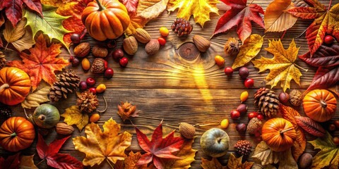 Wall Mural - A Festive Autumnal Arrangement of Pumpkins, Leaves, and Pine Cones on a Rustic Wooden Surface