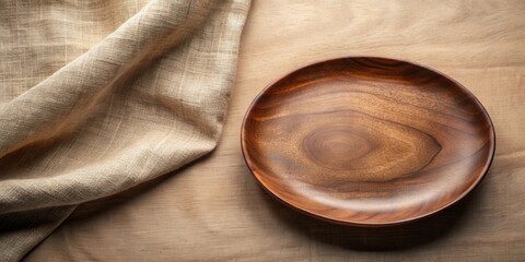 Poster - A rustic wooden bowl sits on a natural fabric surface with a wood grain background