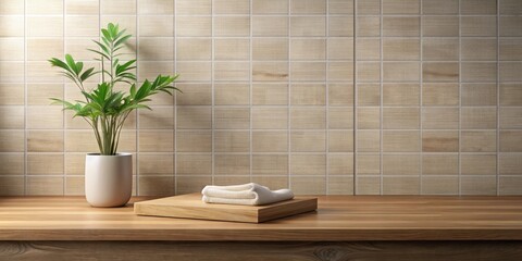 Aufkleber - A single potted plant sits beside a folded cloth resting on a wooden platform on top of a wood counter against a tiled wall