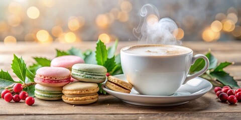 Aufkleber - A steaming cup of coffee with colorful macarons and holly sprigs on a wooden table with a bokeh background