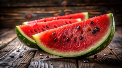 Poster - Watermelon Slices on a Rustic Wooden Tabletop, Displaying the Juicy Red Flesh and Black Seeds